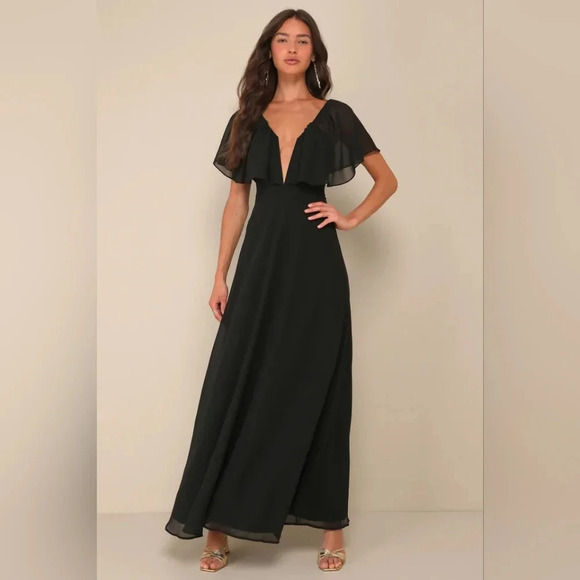 Lulu's Stunning Demeanor Black Flutter Sleeve Backless Maxi Dress M Wedding NWOT - Picture 2 of 11